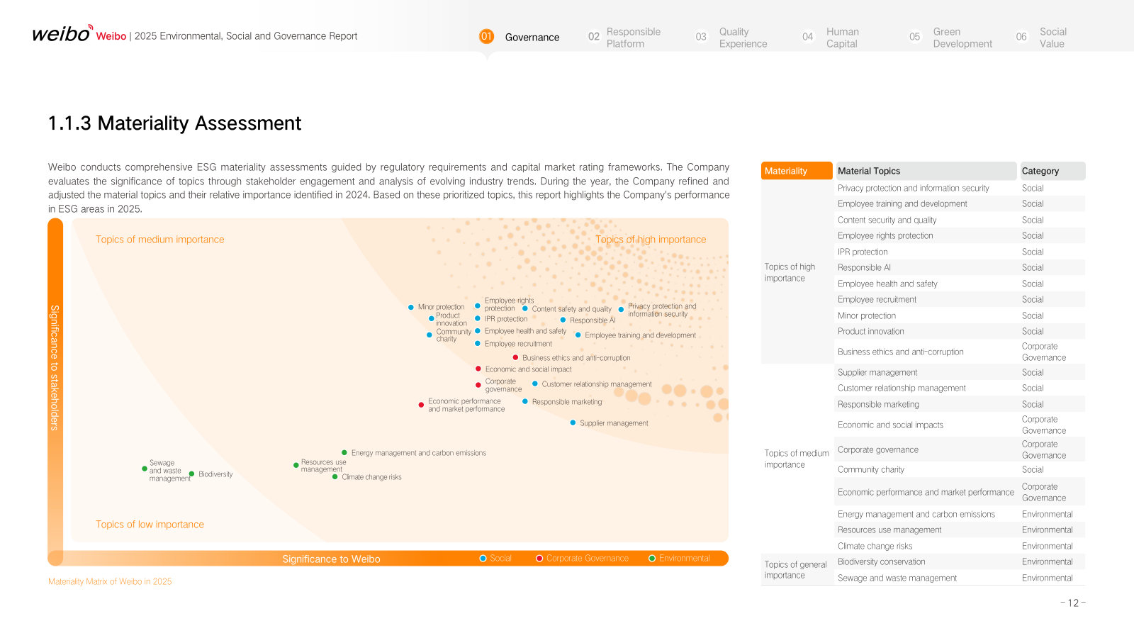 Management's materiality matrix — content security, privacy and responsible AI rank highest; climate risk sits at the bottom.