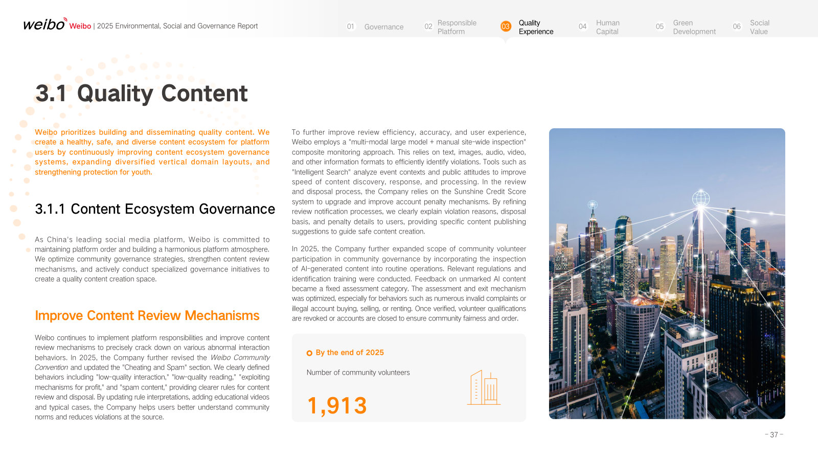 How content review works — multi-modal models plus manual site-wide inspection, the Sunshine Credit score, 1,913 community volunteers.